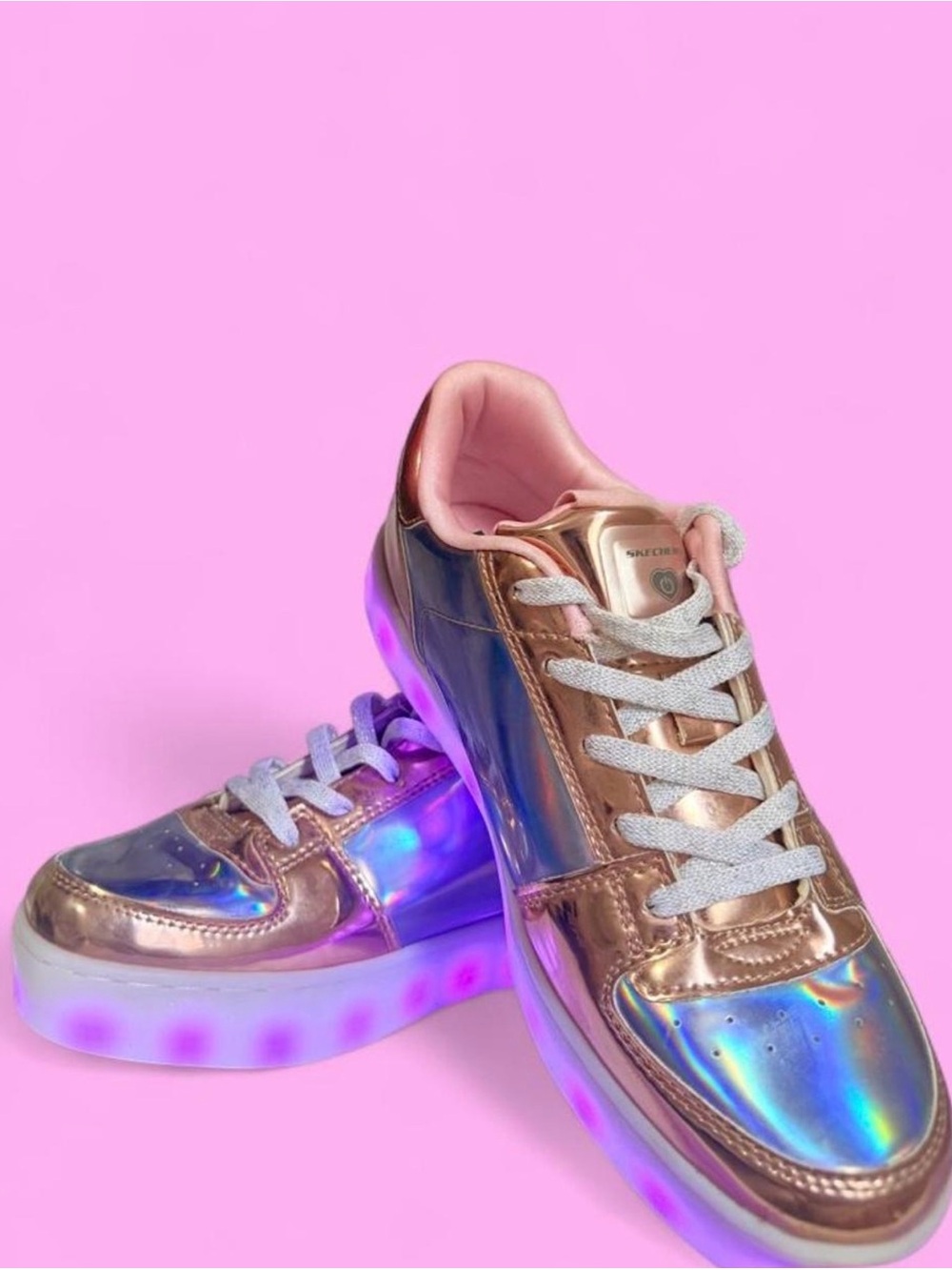 Skechers Iridescent Silver with Rose Gold Accent Platform Led Lights Sneakers